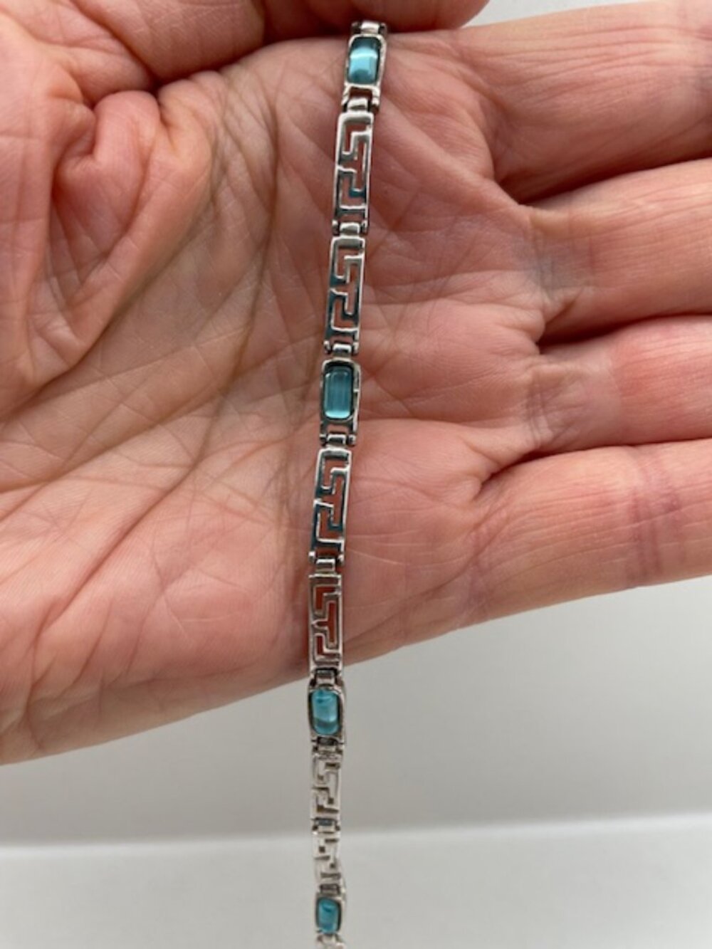 Greek Key Fine Sterling Silver Aqua Stone 7" Bracelet - Picture 3 of 6